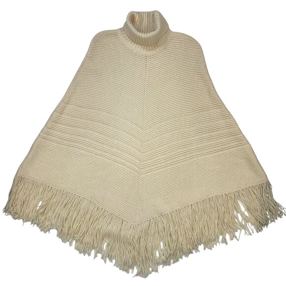 Banana Republic Vintage Merino Wool Turtleneck Fringe Poncho Sweater XS/S Cream - Picture 13 of 13